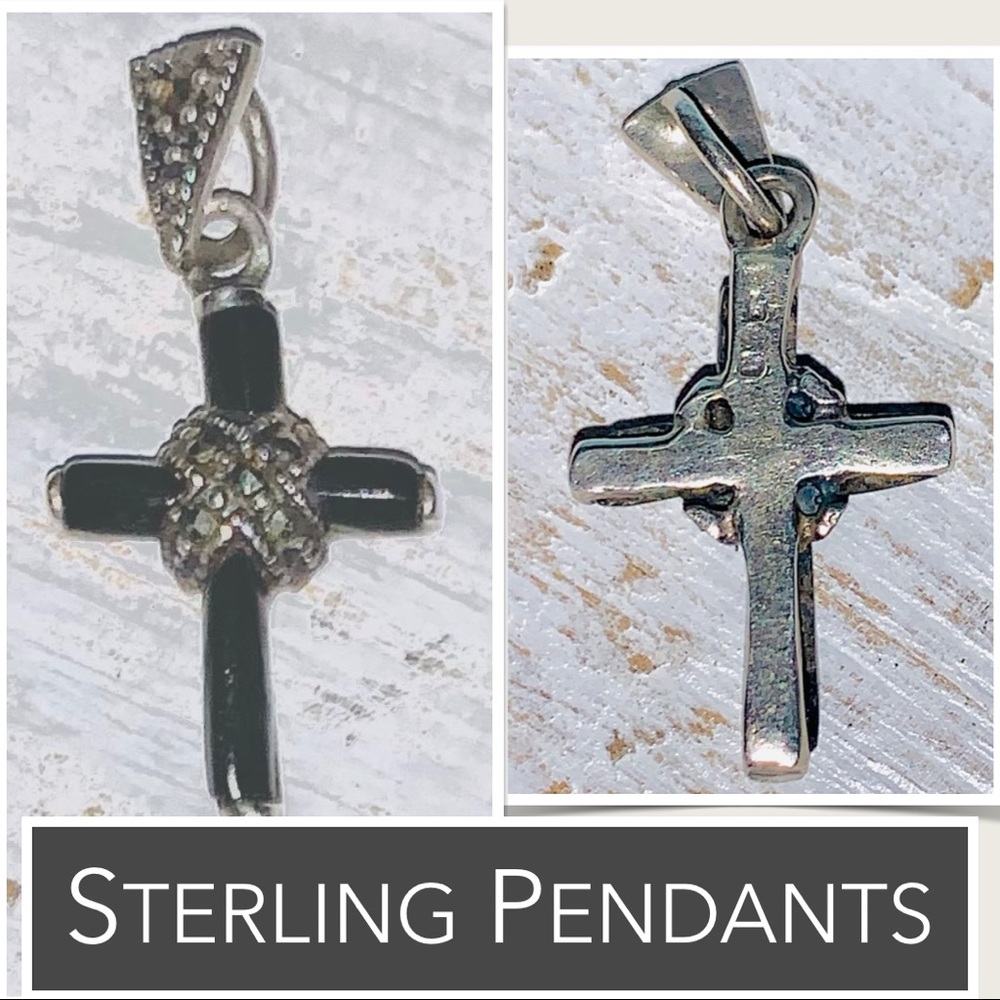 Sterling Silver Pendant: Black Cross with Marcasites & Rhinestones